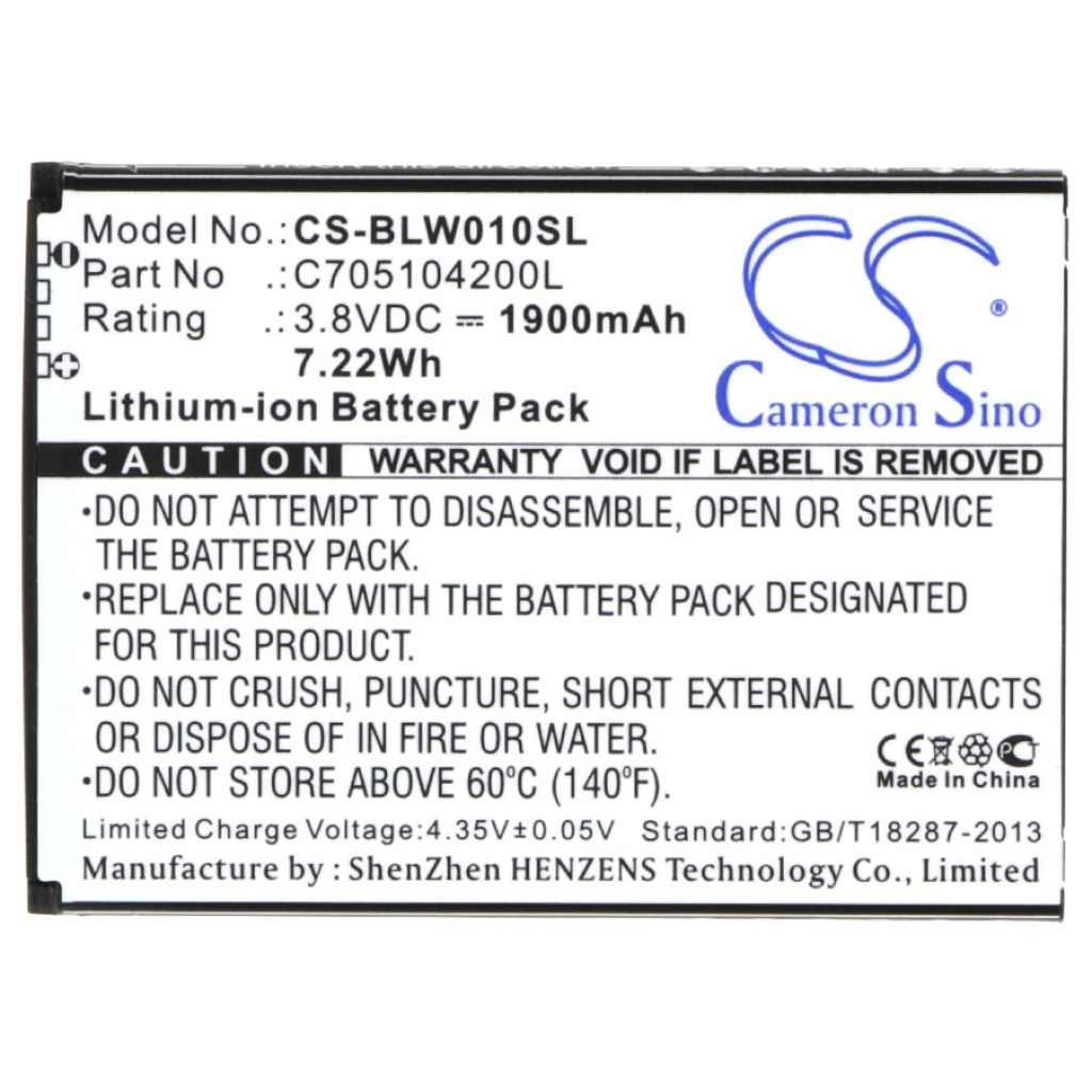 Widok przedniej etykiety Cameron Sino CS-BLW010SL 1900mAh 3,8V